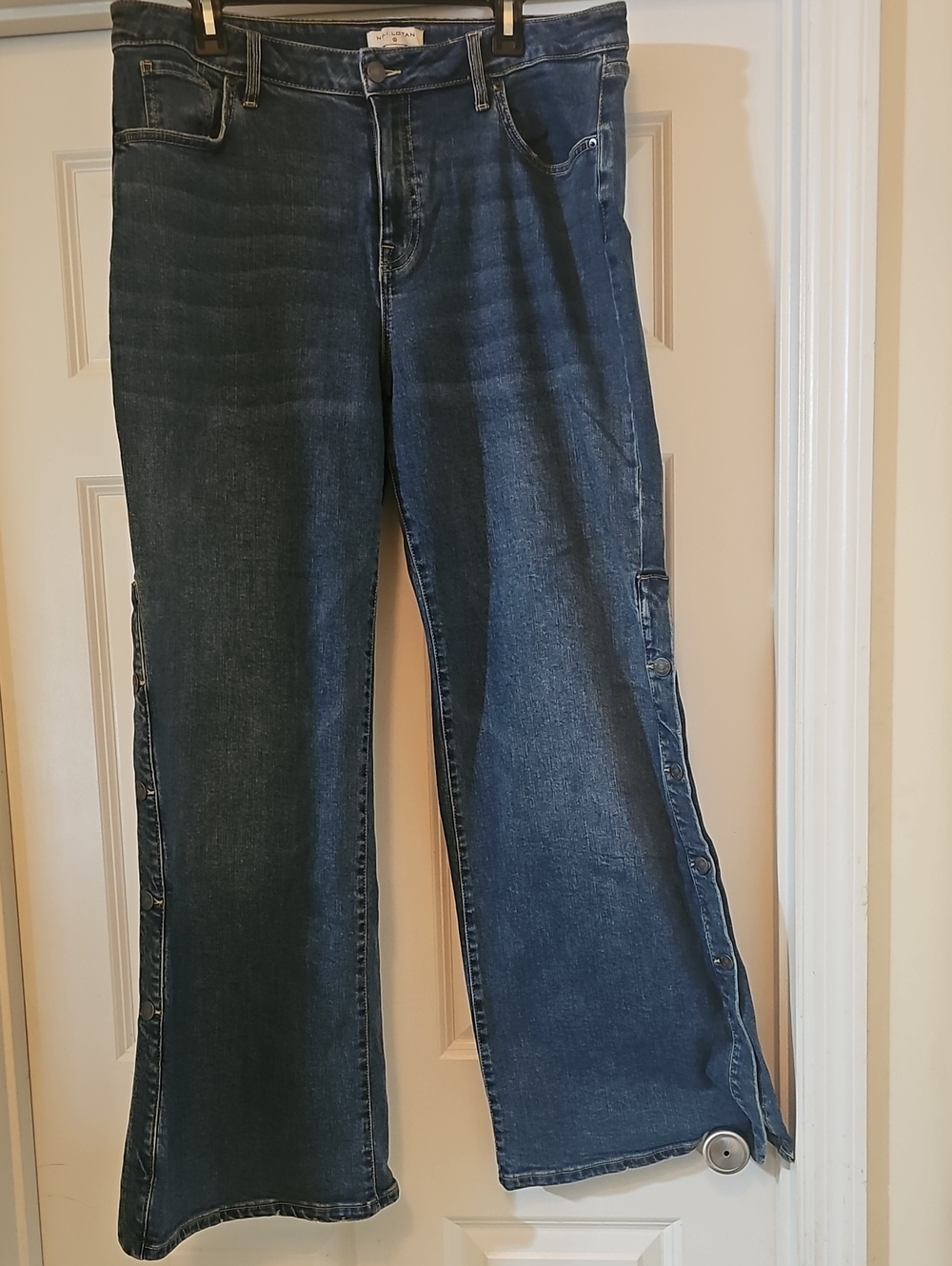 Nili Lotan Dark Blue Button-Trim Wide-Leg Jeans